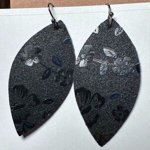Black floral earrings vinyl handmade one of a kind